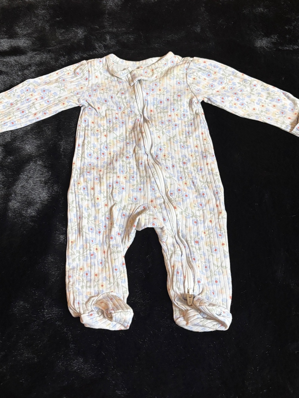 Carter's Cream Ribbed Floral Footed One-Piece